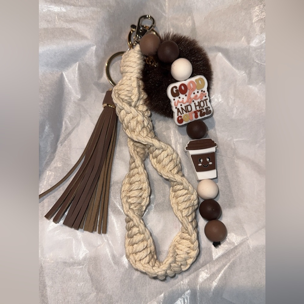 Good vibes and hot coffee homemade macrame keychain